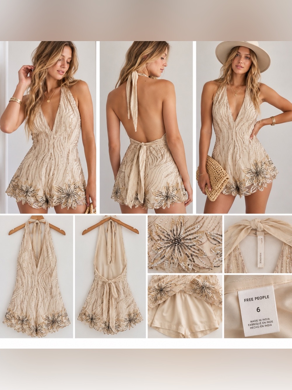 Free People Bella‎ Beaded Halter Romper Size 6 Cream Open Back Sequin Floral